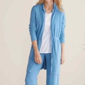 Soft Surroundings Éleve Zip-Front Cardigan Coatigan M Blue Drawstring Pockets